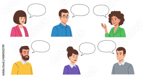 Diverse professionals engaging in conversation with speech bubbles above them hinting collaboration