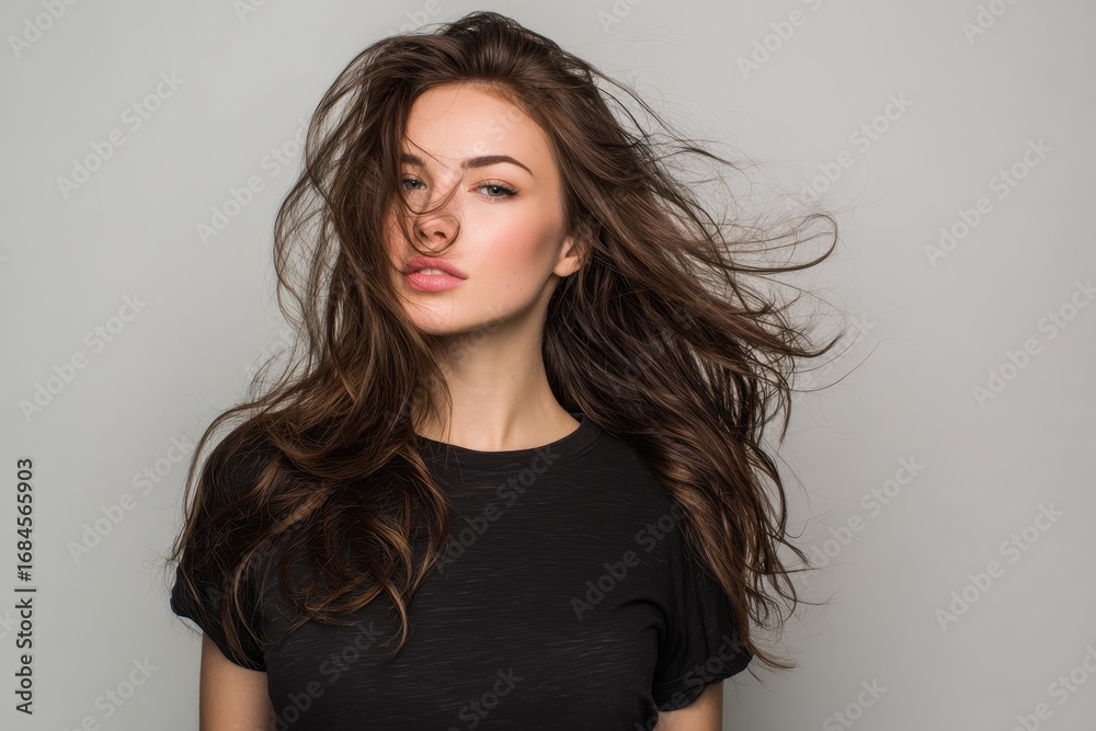 Fototapeta premium Beauty and hairstyling concept featuring a young brunette with flowing hair in a dark t shirt