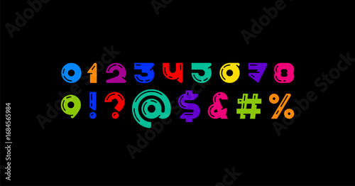 Colorful numbers set in the bright cartoon style, multicolored numerals 0 to 9 made in child art style, vector illustration 10EPS