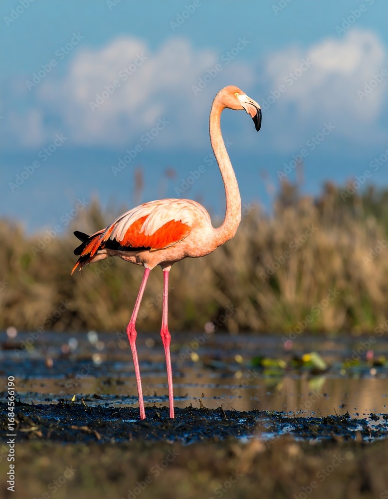 Fototapeta premium A vibrant flamingo stands in a shallow marsh, showcasing its striking pink plumage against a backdrop of a clear blue sky.