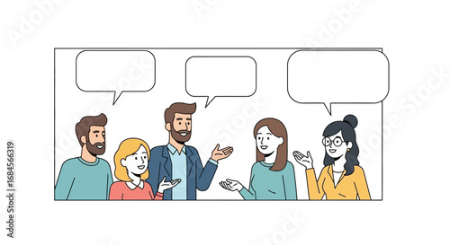 Diversity communication illustration with speech bubbles, team discussion scene, business cartoon