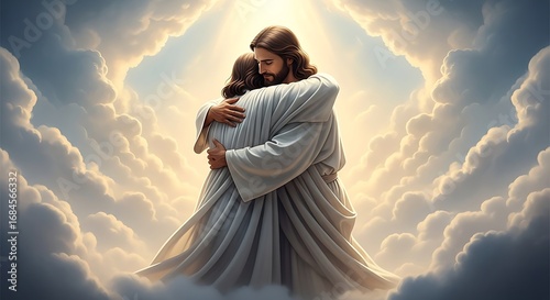 Jesus Christ embracing a person in a heavenly scene.