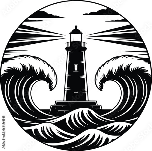 Dramatic lighthouse silhouette amidst crashing waves
