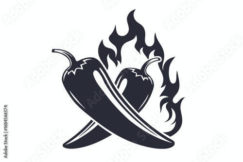Hot Spicy Peppers with Flame, Art on White Background, Food Icon Design
