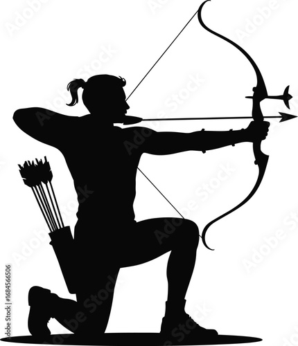 A skilled archer kneels ready with bow and arrow silhouette