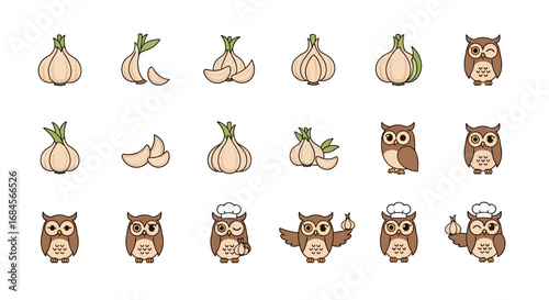 Whimsical owl chef icons and garlic bulb illustrations: A charming culinary vector set