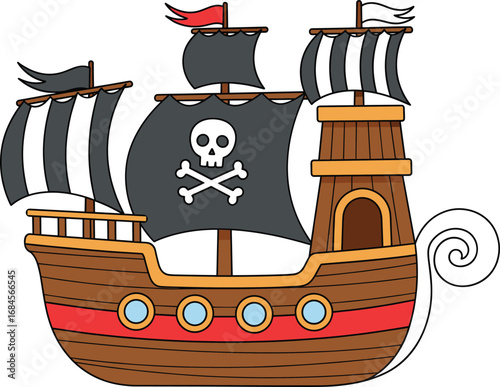 Cartoon pirate ship with skull sails, wooden hull and red stripe, ideal for adventure, maritime history or children’s story themes