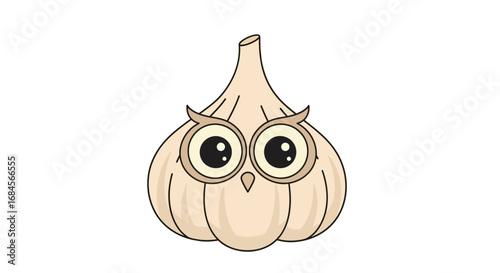 Cartoon garlic character with owl-like features standing against a white background