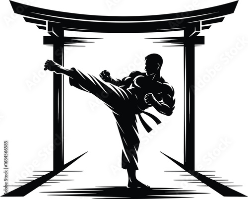 Martial artist performing karate kick near japanese temple gate silhouette
