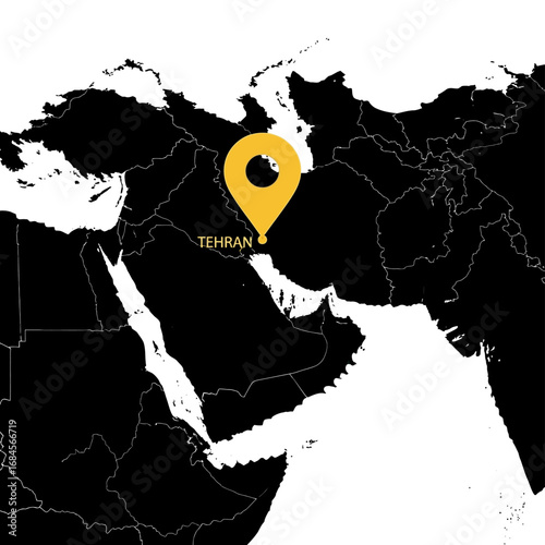 Geographic depiction pinpointing tehran on a stark black and white middle east map
