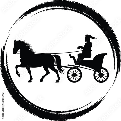 Elegant horse drawn carriage within a brushstroke circle silhouette