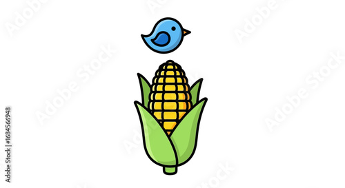 Cartoon illustration displaying an ear of corn with a stylized blue bird hovering above it against