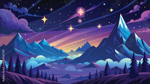 Dark cartoon vector illustration of a cold winter night forest landscape with snow, stars, and a bright moon
