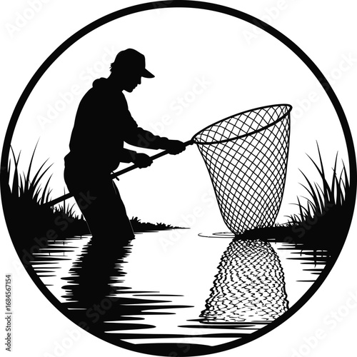 Fisherman casting net silhouette with ocean background