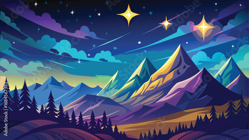 A tranquil blue night sky with a full moon and stars illuminates a silent winter forest landscape of snow-covered pine trees and mountains
