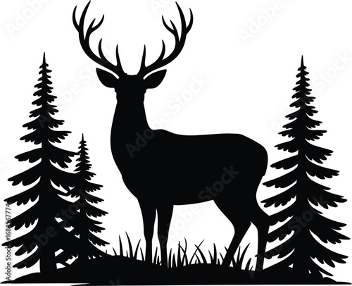 Majestic deer with antlers and forest trees silhouette