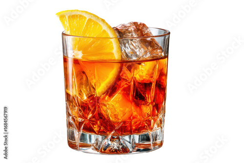 Godfather cocktail with lemon twist garnish transparent PNG isolated background. Mixology, bar menu, colorful vibrant refreshing drink in old fashioned glass