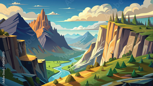 Panorama of a majestic mountain landscape with a verdant valley, jagged peaks, and a cloudy sky