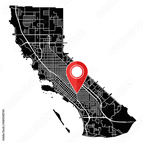 Detailed urban network map of California with a prominent location marker indicating a specific