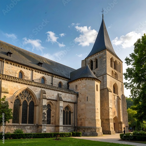 A substantial stone church edifice, featuring a tall, pointed spire and intricate architectural details, stands out against a vibrant blue sky dotted with fluffy clouds.