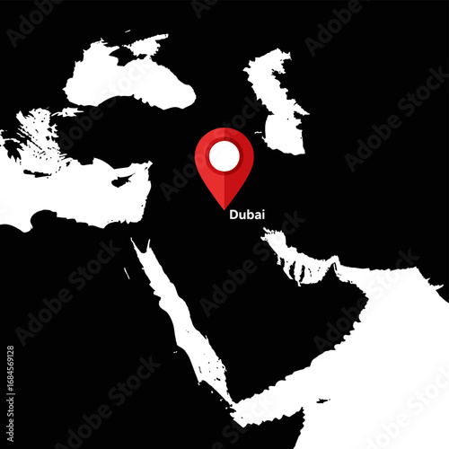 Dubai destination highlighted on abstract geographical map emphasizing middle east location