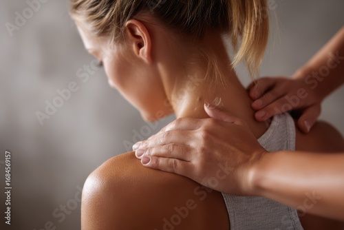Female osteopath providing shoulder therapy to a young woman