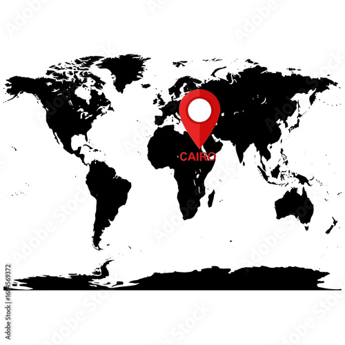 World map highlighting cairo location with vibrant red pin and clear global perspective