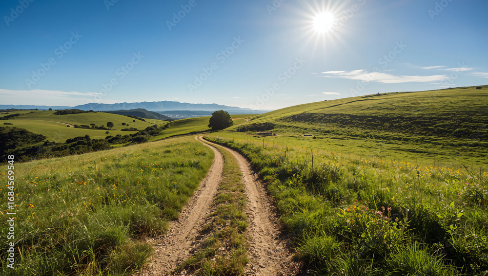 Naklejka premium Winding Path Through Lush Green Hills Under Sunny Sky