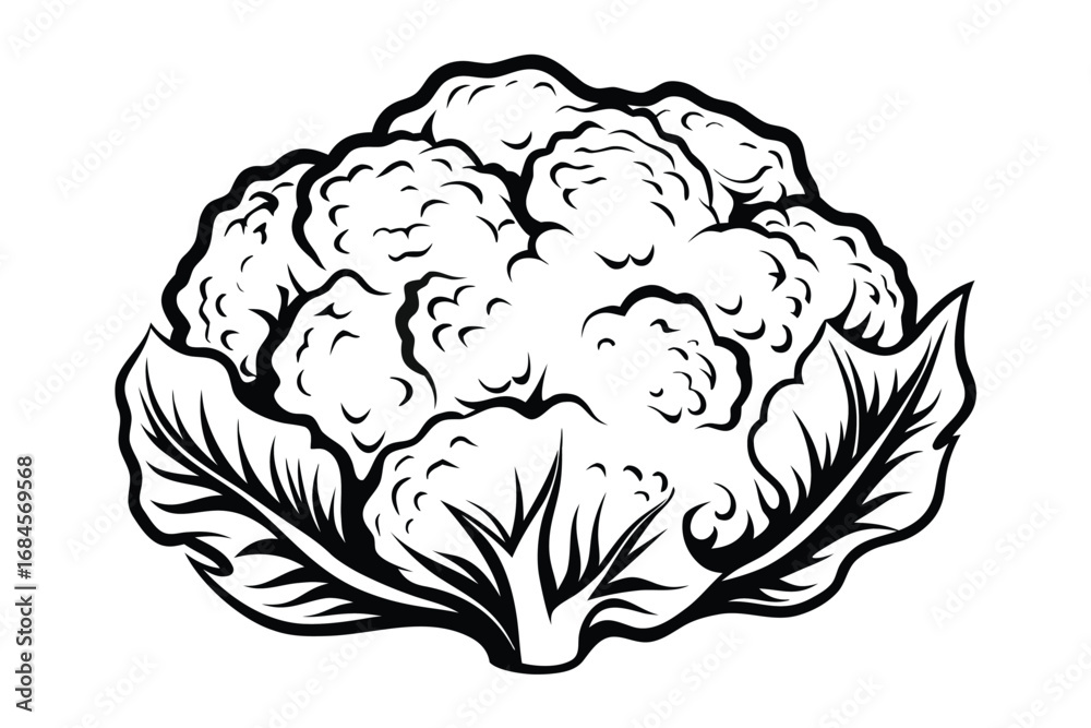 Obraz premium Isolated Cauliflower Head with Detailed Leaves Outline on White Background