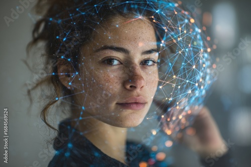 Female with network graphic banner