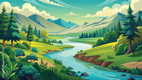 A tranquil summer landscape view of majestic green mountains, a lush valley, and a peaceful river under a cloudy sky