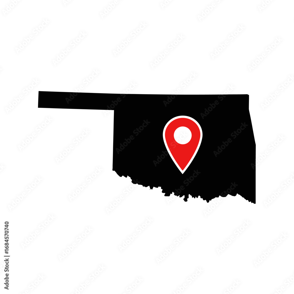 Fototapeta premium Oklahoma state silhouette graphic with a pinpoint marker indicating a central location