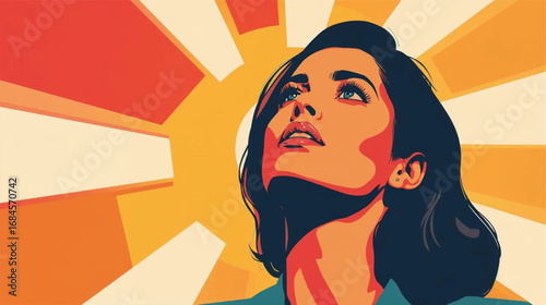 Bold confident woman looking upward retro vector illustration, Ai Generate 