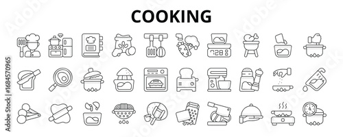 30 Cooking Line Icons Vector - Chef, Grill, Pour water, Toaster, Seasoning, Measuring Cup, Rolling pin, Time Cook