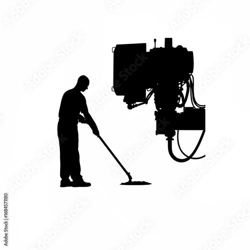Machinist cleaning spill near cnc machine silhouette