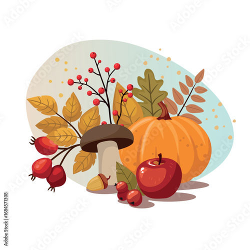 A composition of mushrooms and autumn leaves, rose hips and berries on a white background. Perfect for seasonal postcards.