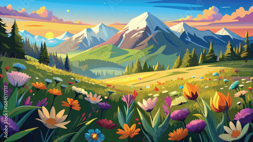 A high spring view of a green mountain landscape with a meadow of flowers beneath a cloudy