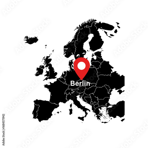 Europe continent map with Berlin as a highlighted location offering a geographical visualization