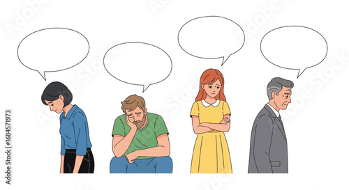 Illustration depicting stress and mental health issues across generations with speech bubbles