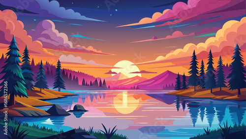 A stunning mountain landscape with the sun setting over a calm lake, its reflection shimmering under a beautiful evening sky