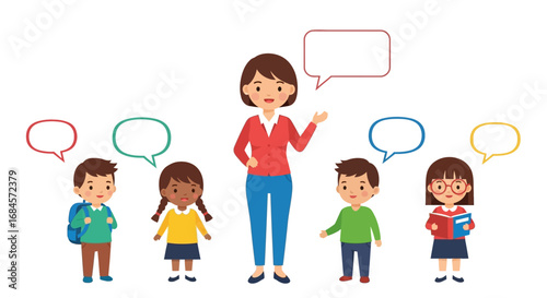 Diverse pupils communicating with their teacher and sharing thoughts during educational class