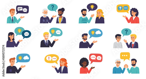 Diverse business professionals with dialogue bubbles showcasing communication concepts brainstorming