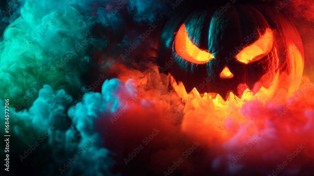 Fototapeta premium A pumpkin with a scary face is surrounded by smoke