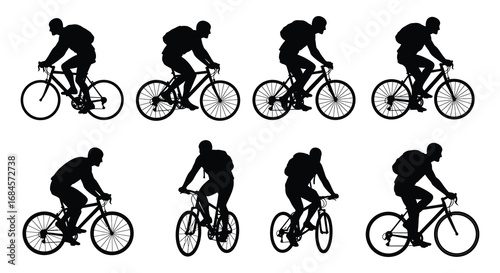 cyclists in various stages of pedaling captured in silhouette