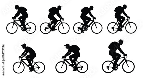 cyclists in various riding positions captured in silhouette form