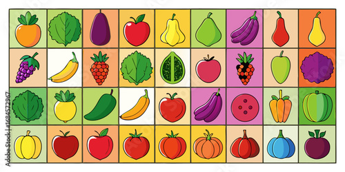 A colorful, neatly organized grid of fruits and vegetables arranged by color gradient from red to purple. Each row displays a variety of fresh produce like tomatoes, carrots, bananas, apples, grapes, 