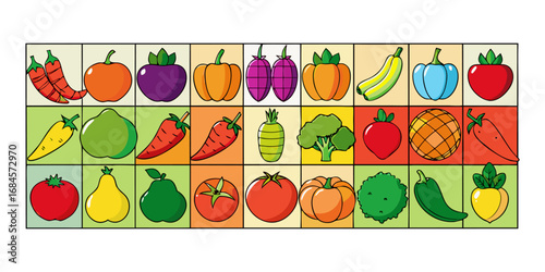A colorful, neatly organized grid of fruits and vegetables arranged by color gradient from red to purple. Each row displays a variety of fresh produce like tomatoes, carrots, bananas, apples, grapes, 