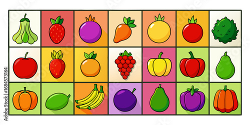 A colorful, neatly organized grid of fruits and vegetables arranged by color gradient from red to purple. Each row displays a variety of fresh produce like tomatoes, carrots, bananas, apples, grapes, 