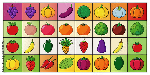 A colorful, neatly organized grid of fruits and vegetables arranged by color gradient from red to purple. Each row displays a variety of fresh produce like tomatoes, carrots, bananas, apples, grapes, 
