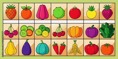A colorful, neatly organized grid of fruits and vegetables arranged by color gradient from red to purple. Each row displays a variety of fresh produce like tomatoes, carrots, bananas, apples, grapes, 
